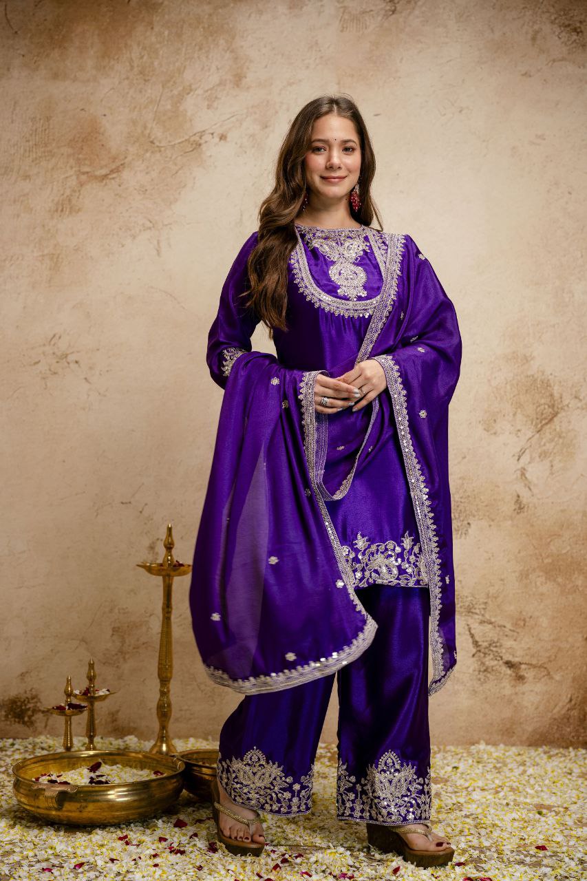 Viscose Chinon Silk Embroidered Kurti Pant Set with Viscose Silk Dupatta