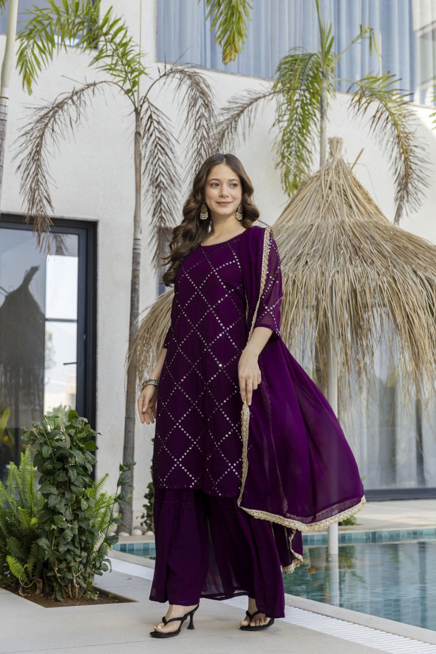 Heavy Fox Georgette Embroidered Kurti Pant Set with Georgette Dupatta
