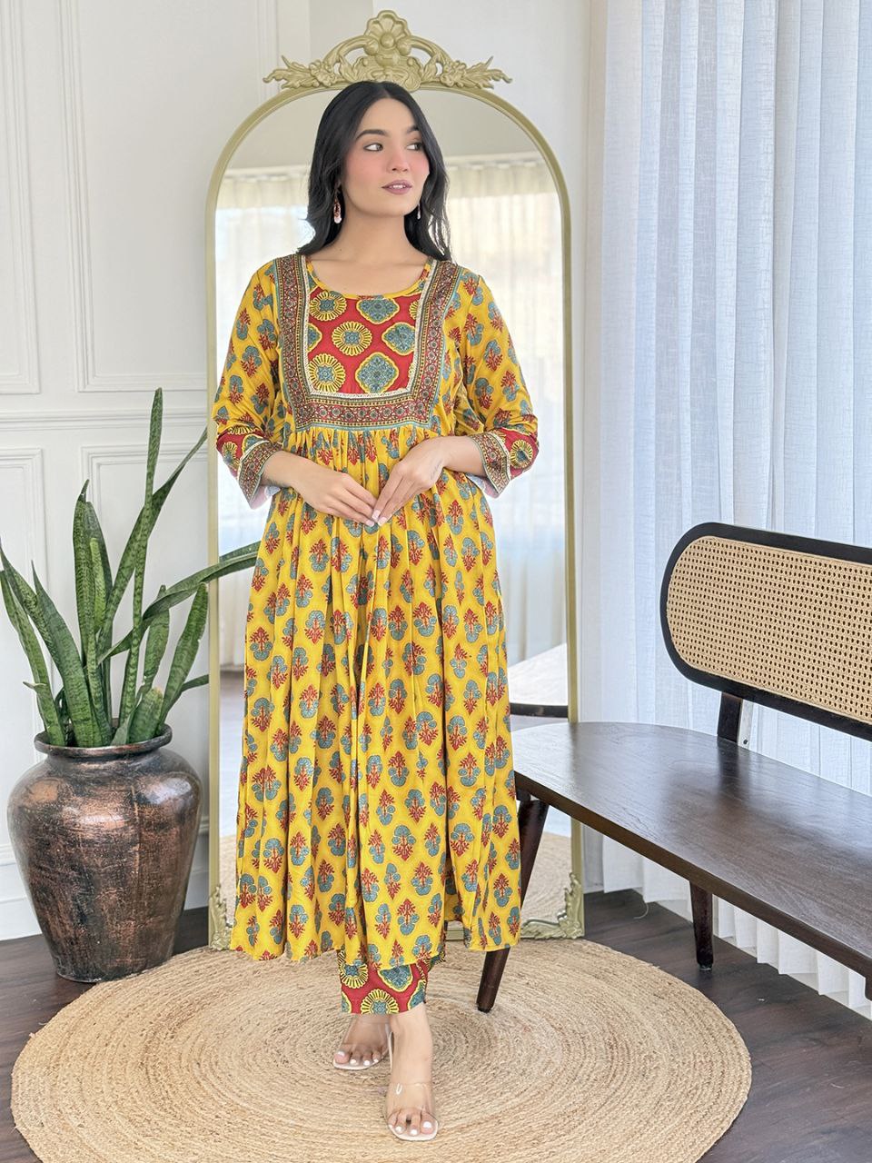 Heavy Rayon Embroidered Kurti Pant Set with Linen Slub Printed Dupatta