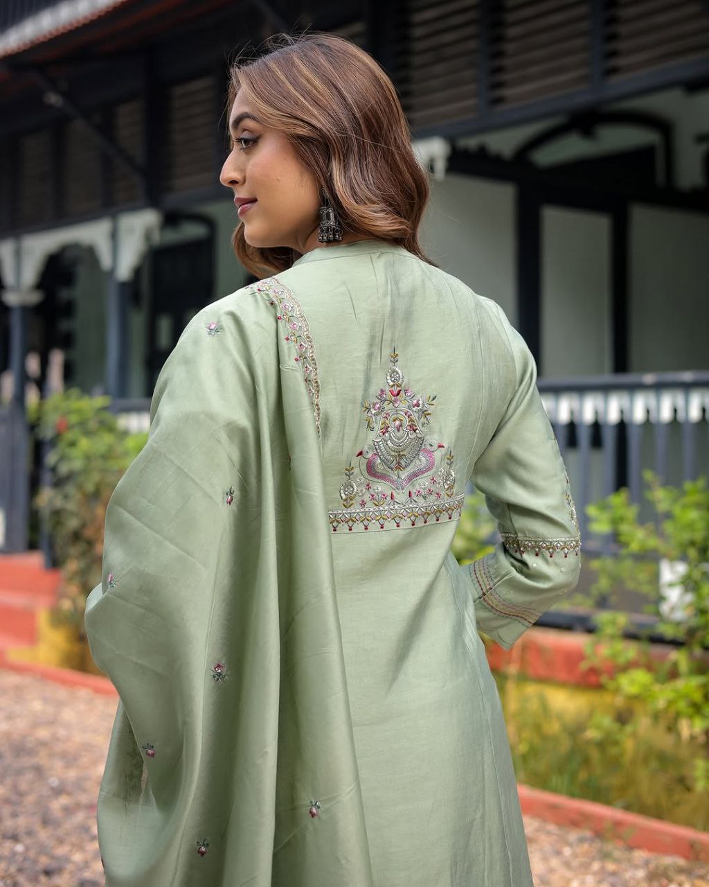 Heavy Muslin Silk Embroidered Kurti Pant Set with Chanderi Dupatta