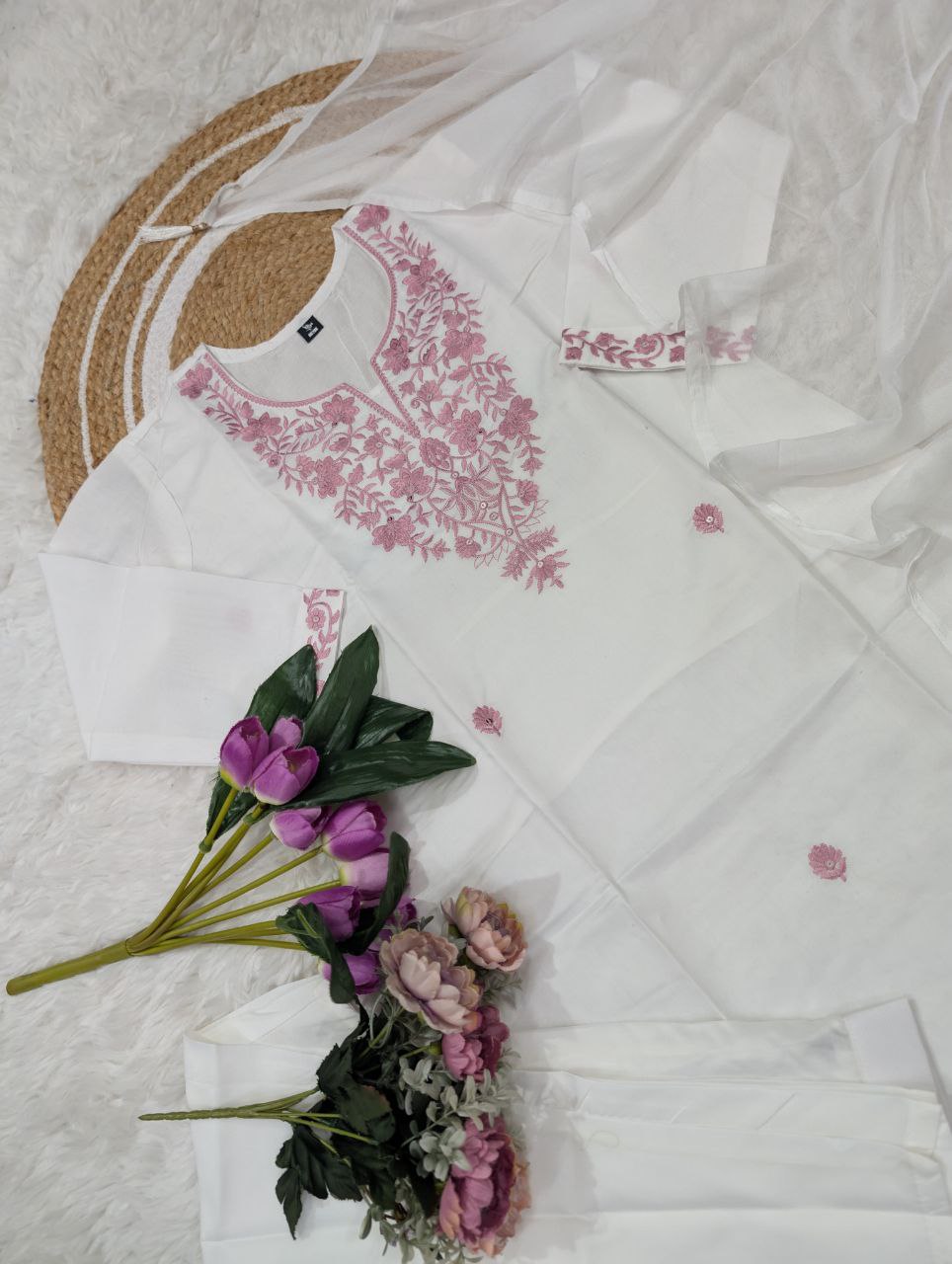 Pure Cotton Embroidered Kurti Pant Set with Nazmin Dupatta
