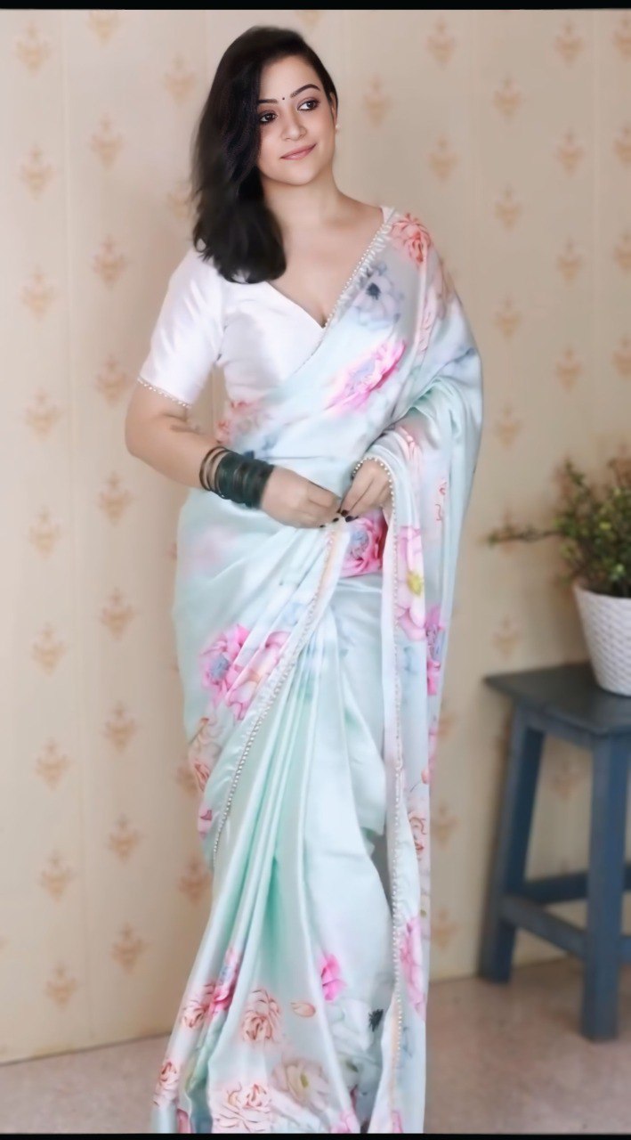 Elegant White Ready To Wear Satin Silk Printed Saree
