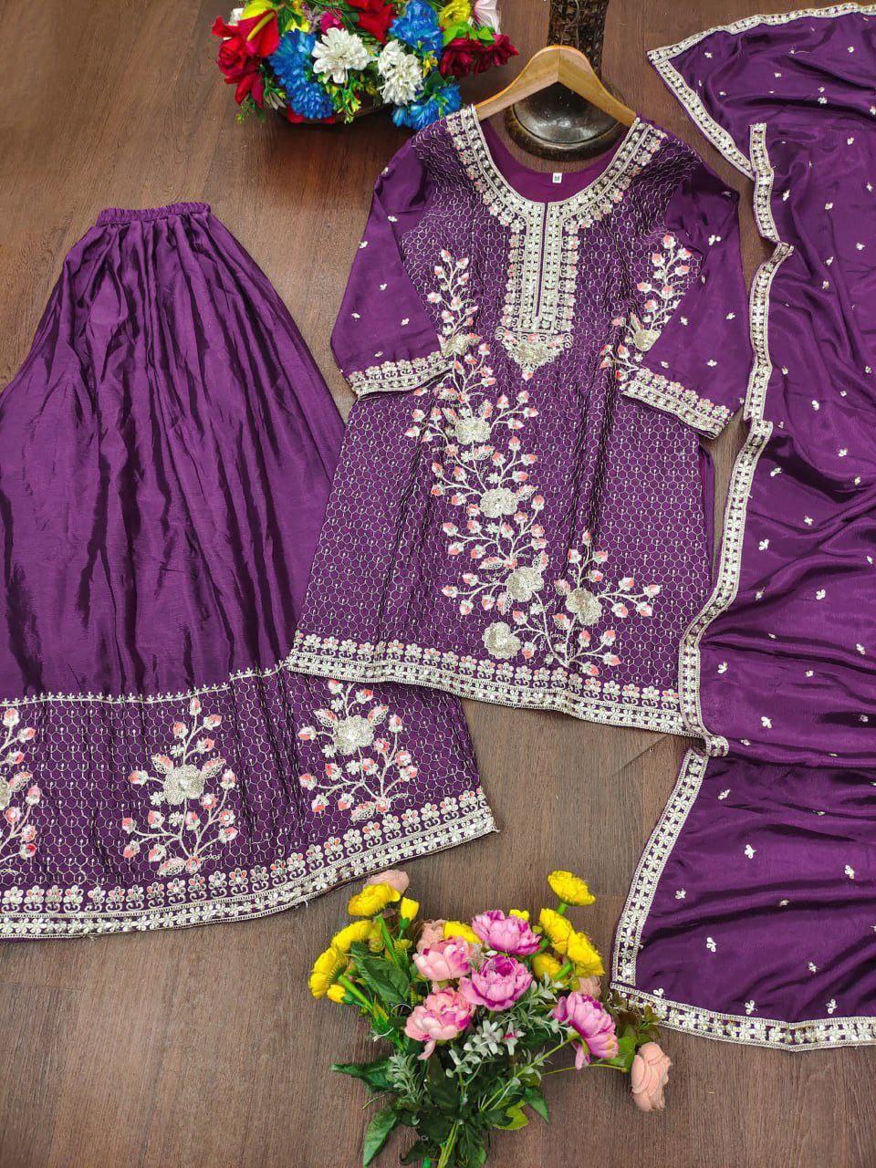 Chinon Embroidered Kurti Sharara Set with Dupatta