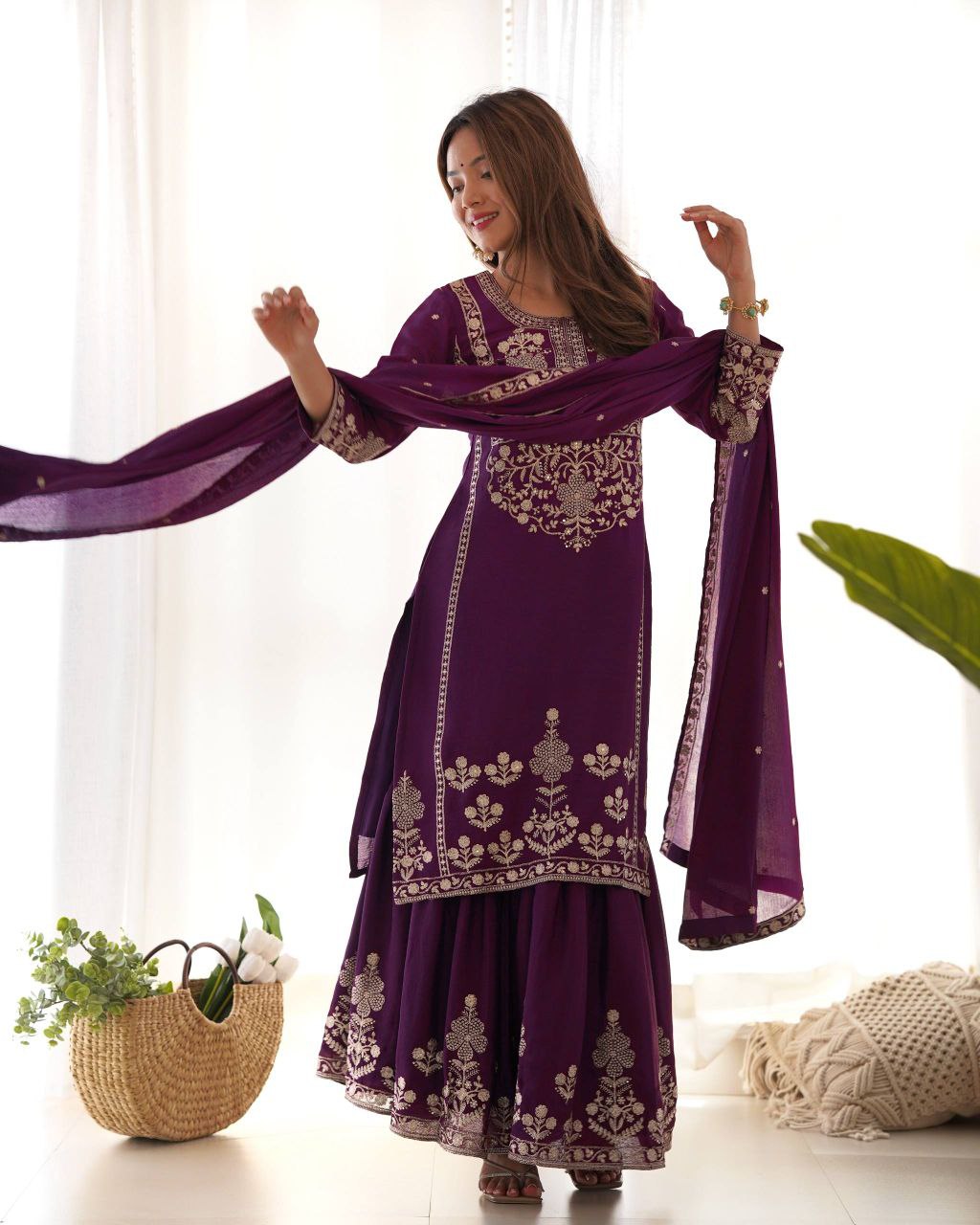 Premium Roman Shimmer Chanderi Silk Anarkali Gown Set with Dupatta & Pant