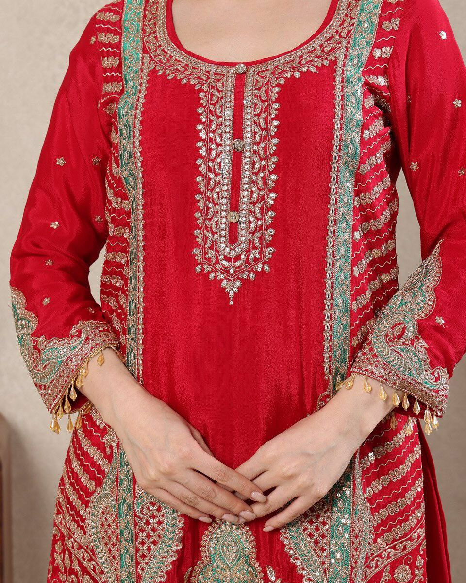 Heavy Chinon Silk Sequence Embroidered Kurti Sharara Set with Dupatta