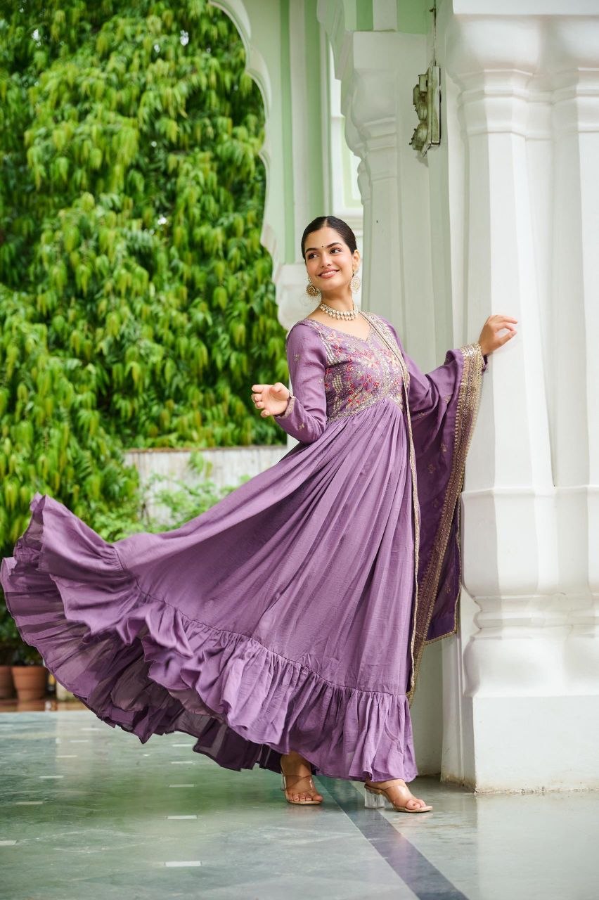 Designer Vichitra Silk Gown with Embroidered Dupatta
