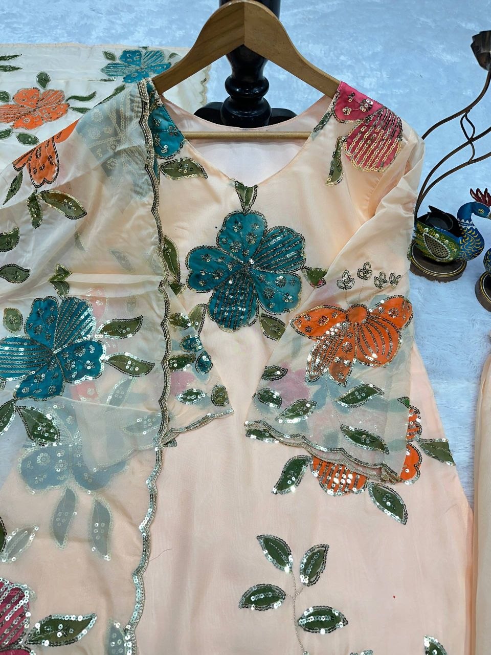 Designer Tabby Organza Kurta Set with Embroidery & Hand Print