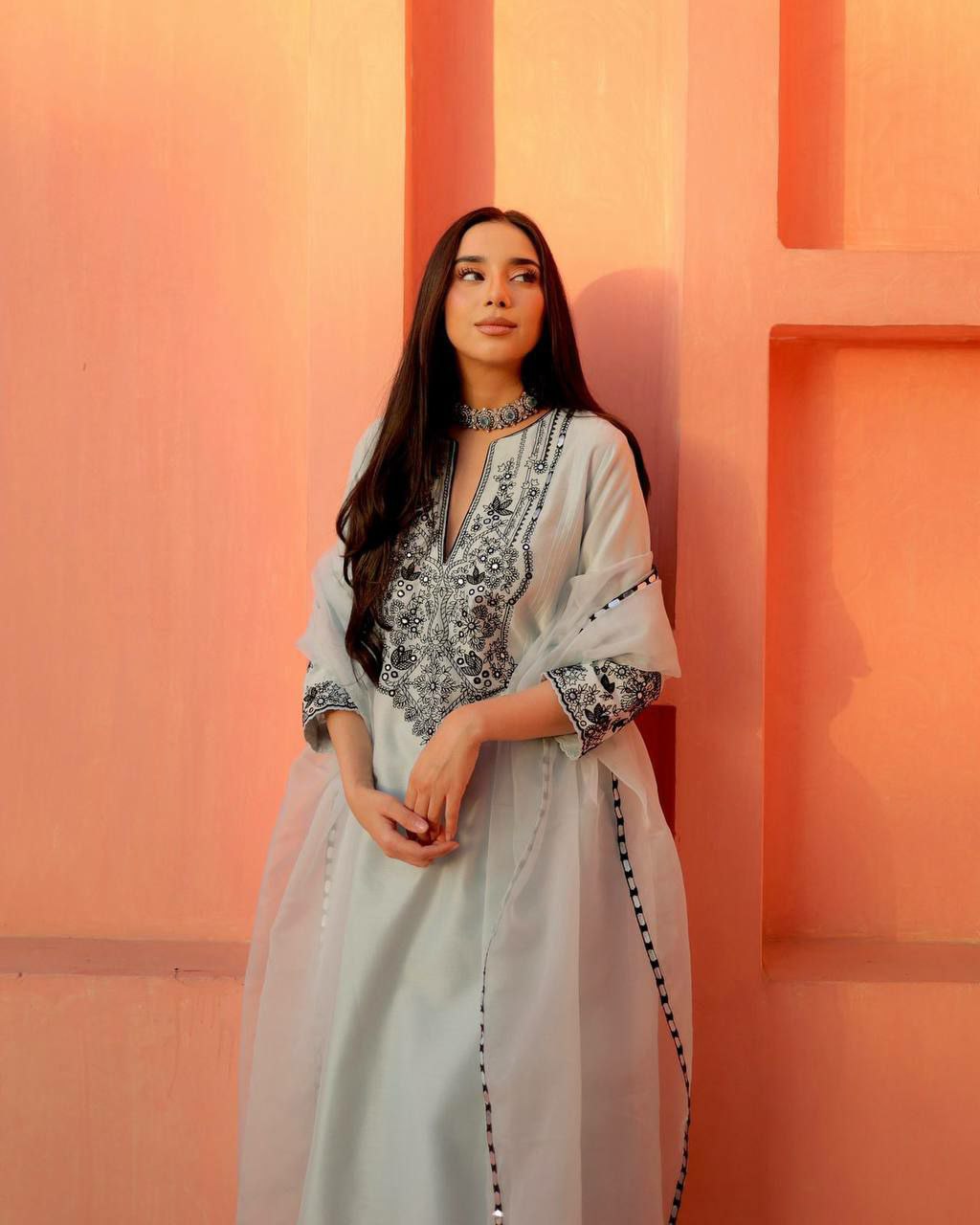 Elegant Georgette Foil Work Kurti Set with Dupatt