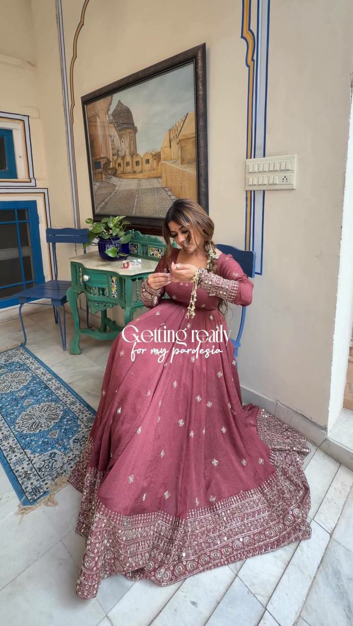 Designer Mul Chanderi Silk Gown Set with Pant & Dupatta