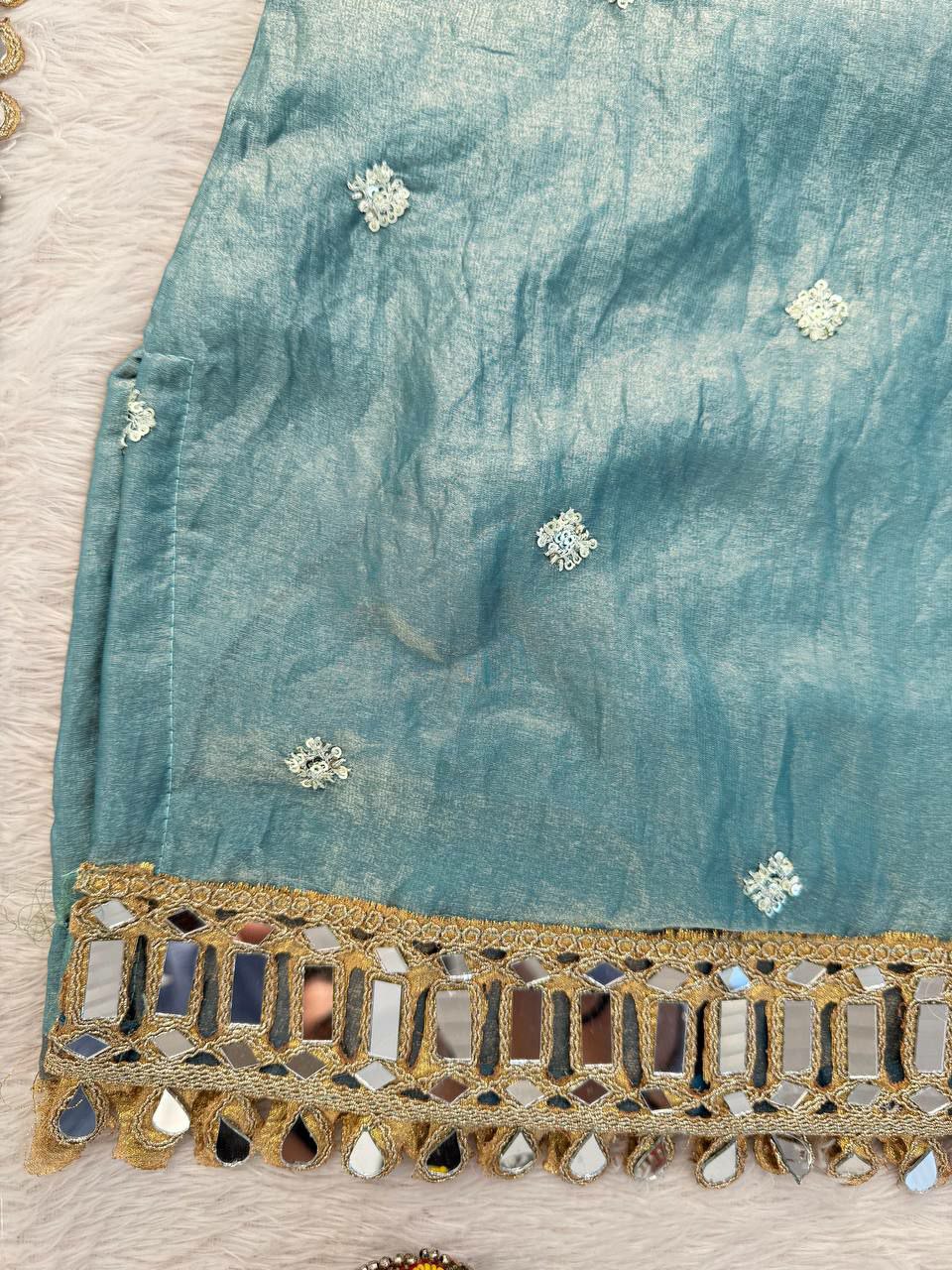 Designer Fendy Silk Mirror Work Kurti Plazo Set with Dupatta