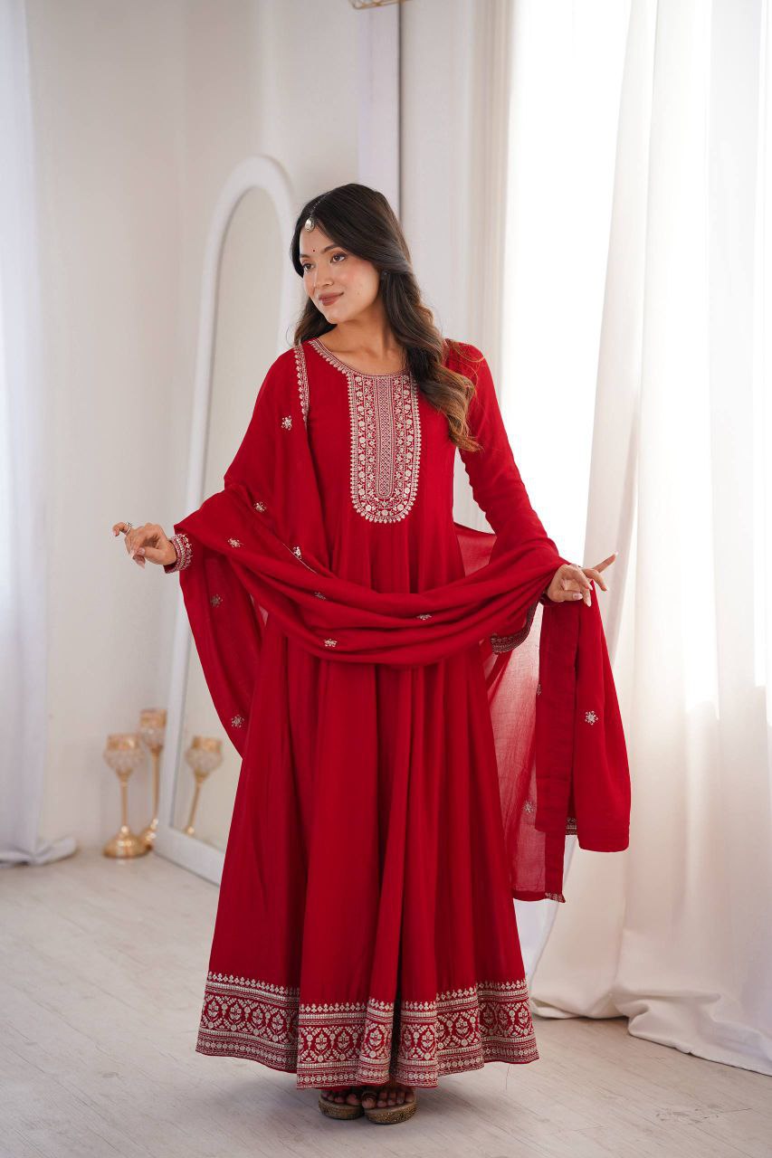 Designer Heavy Pure Vichitra Silk Anarkali Gown Set