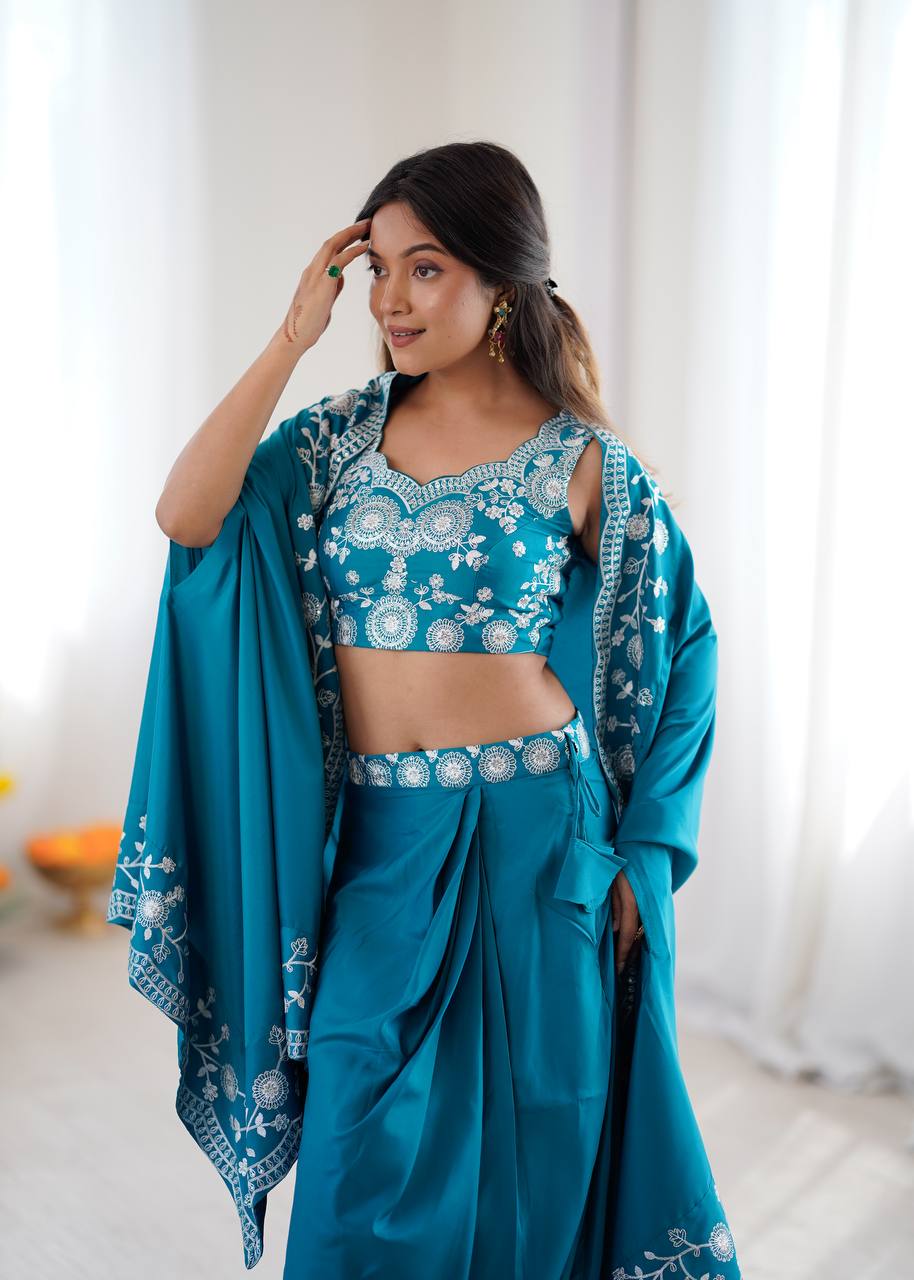 Premium Crepe Silk Dhoti Set with Shrug & Choli