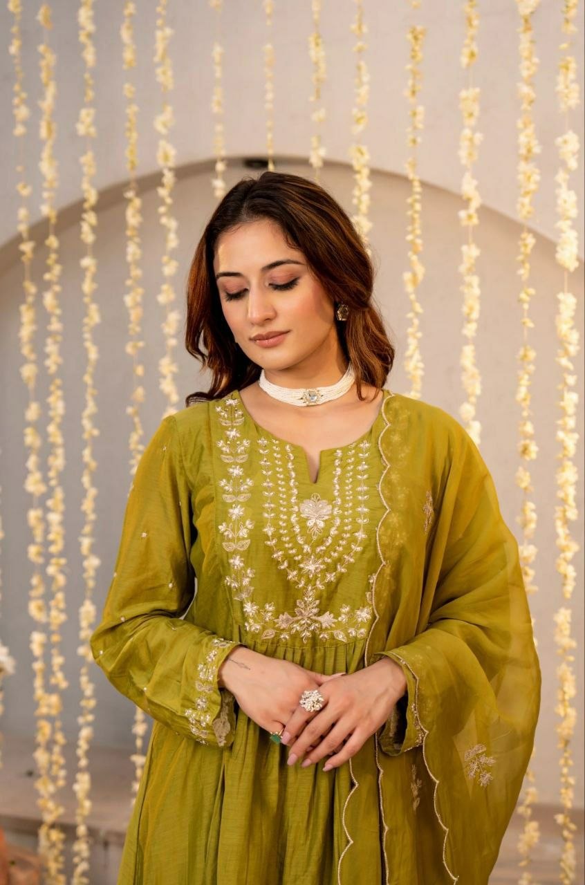 Pure Viscose Chanderi Silk Kurta Set with Embroidered Dupatta