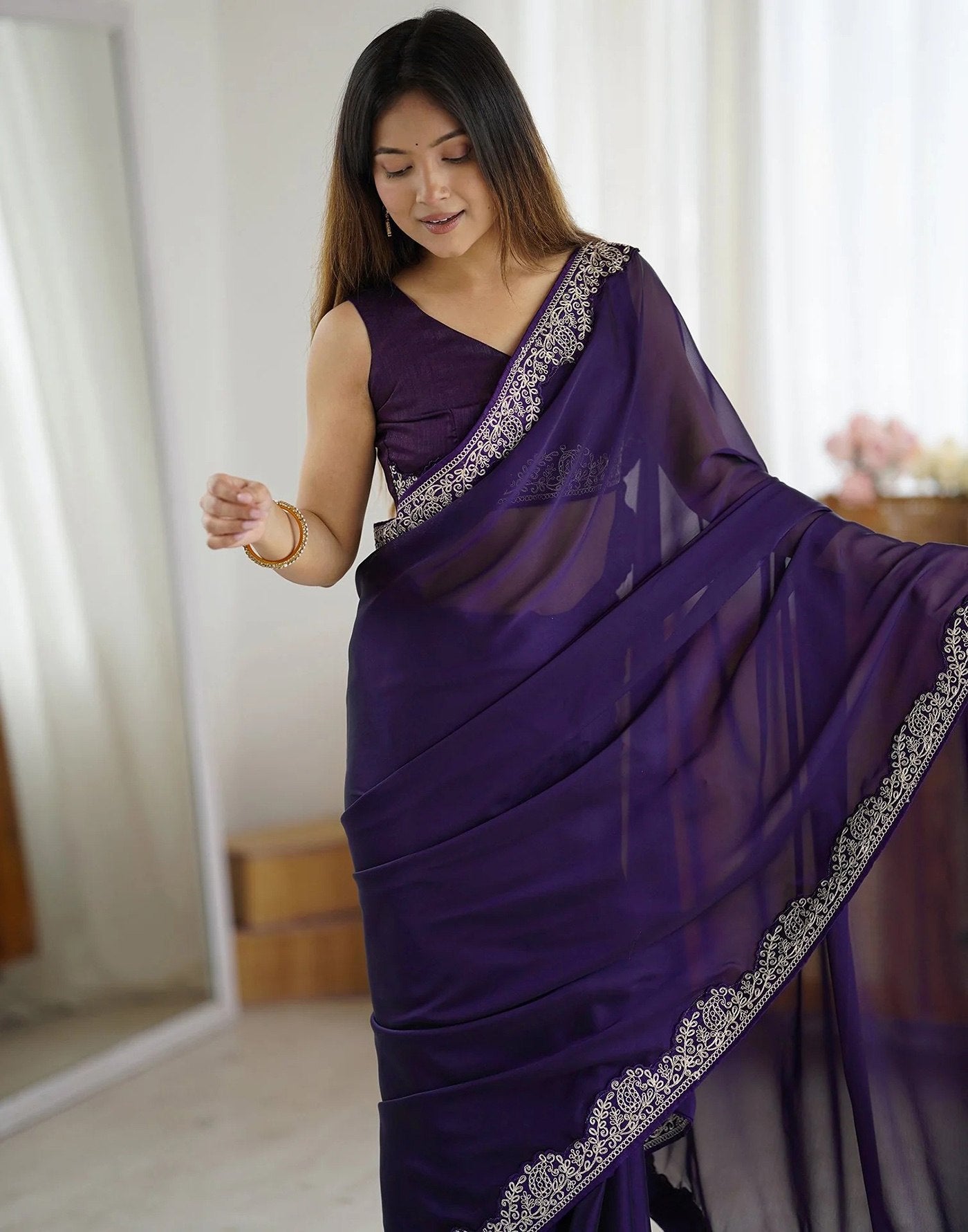 Purple Rangoli Party Wear Saree with Embroidery Work
