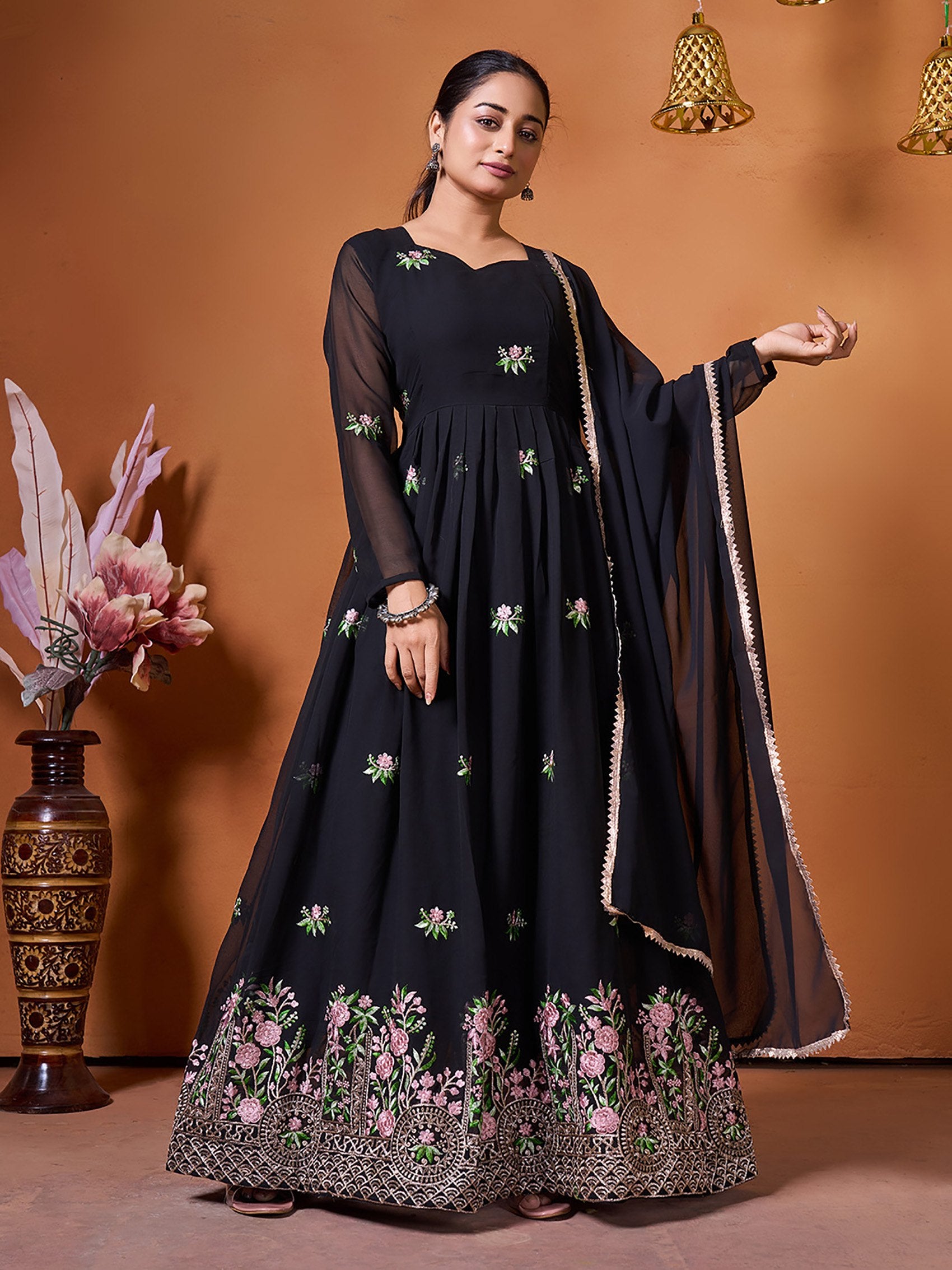 Black Georgette Embroidered Anarkali Gown with Dupatta