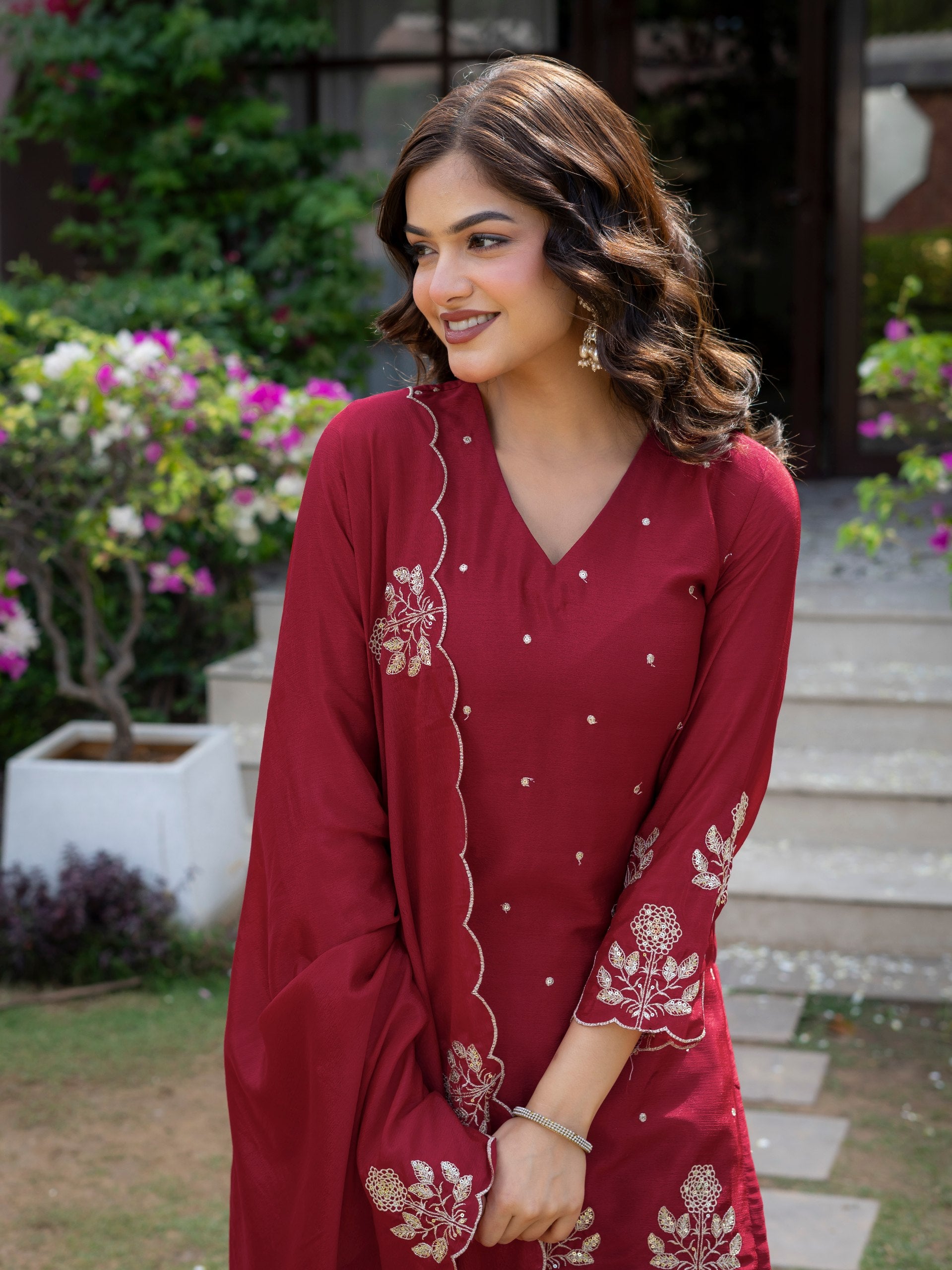 Premium Chinon Embroidered Kurti Set with Dupatta