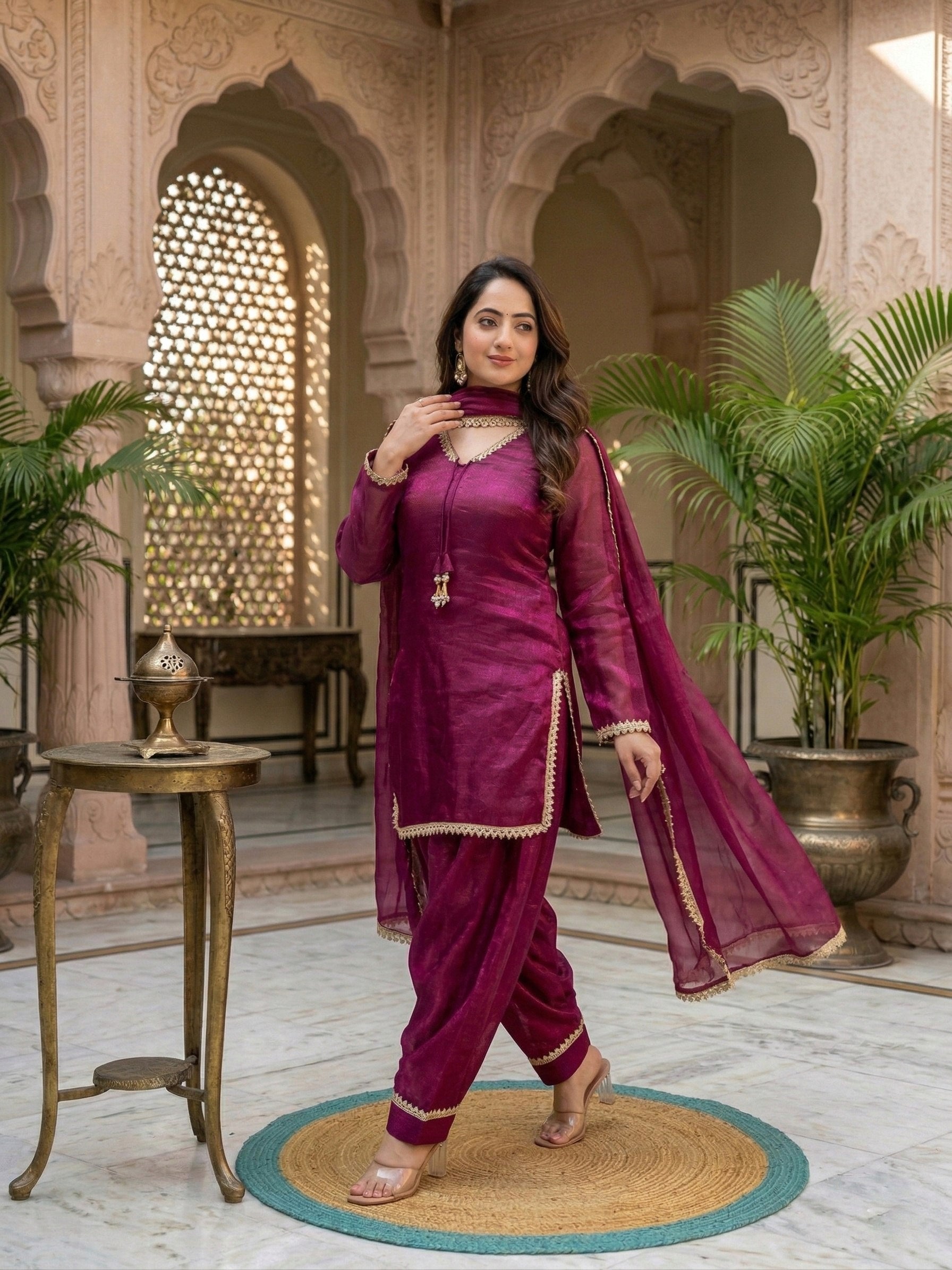 Designer Fendi Satin Mirror & Moti Work Plazo Set with Dupatta