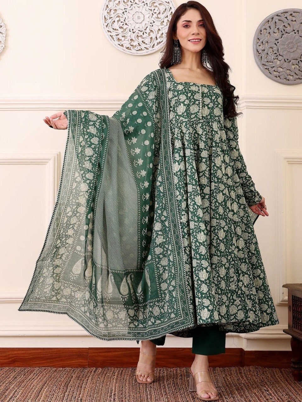 Dark Green Rayon Printed Kurti Set with Pant & Dupatta