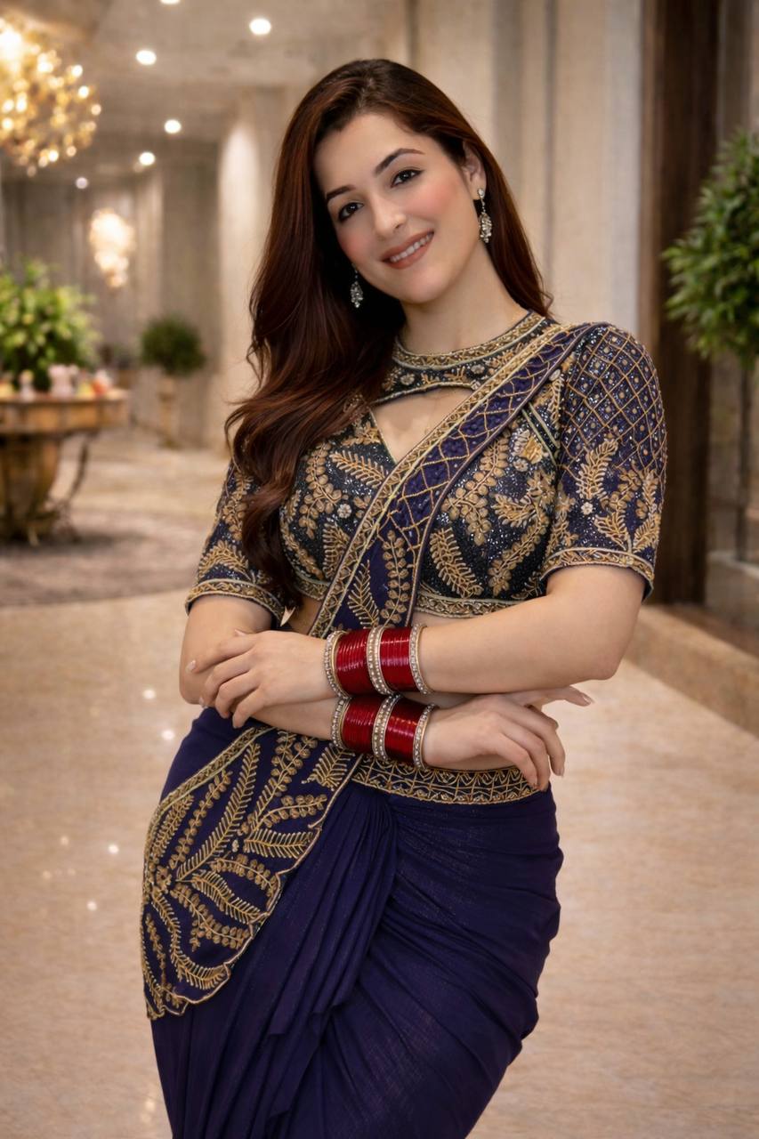 Dhoti Style Indo-Western Saree Set with Embroidery Work