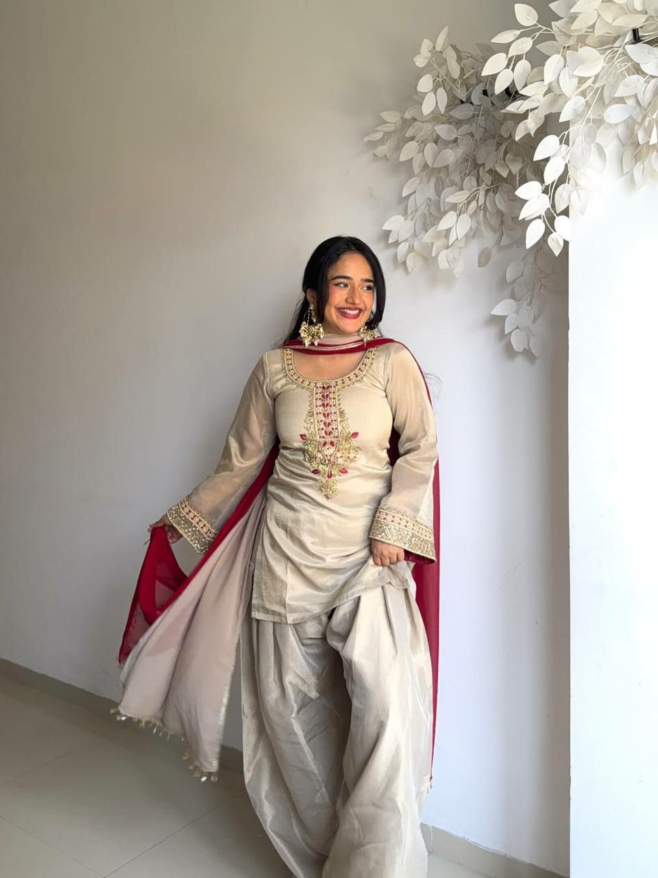 Elegant Organza Embroidered Kurti Set with Farshi Pant & Printed Dupatta