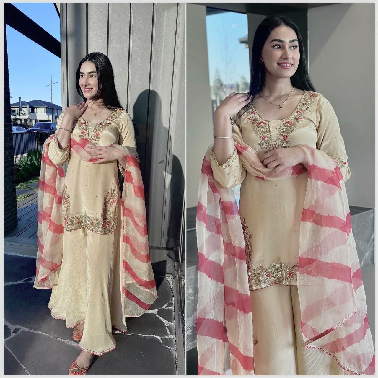 Elegant Crepe Silk Embroidered Kurti Set with Palazzo & Organza Dupatta