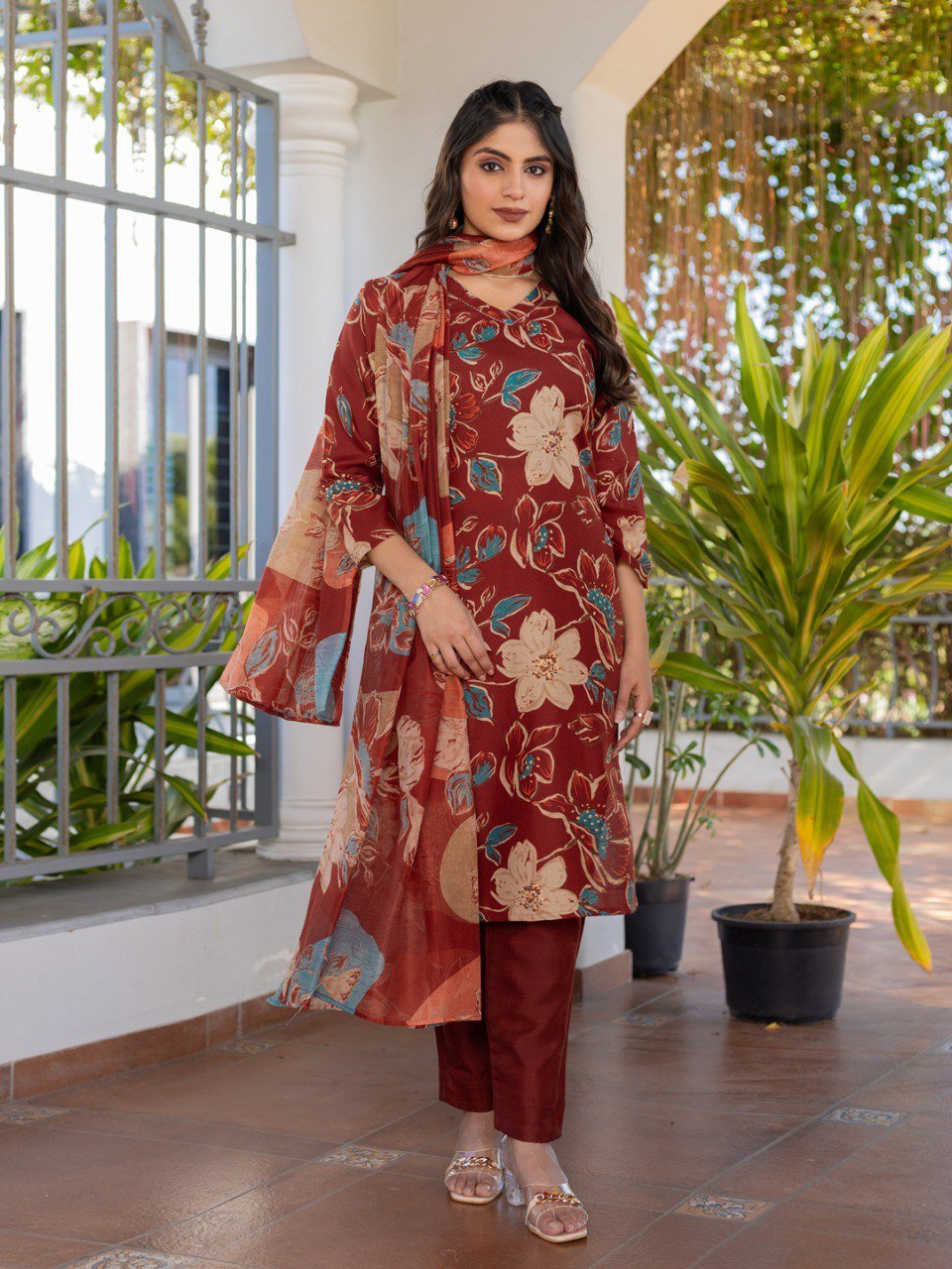 Fully Stitched Cotton Kurti Pant Dupatta Set in a rich Rust shade