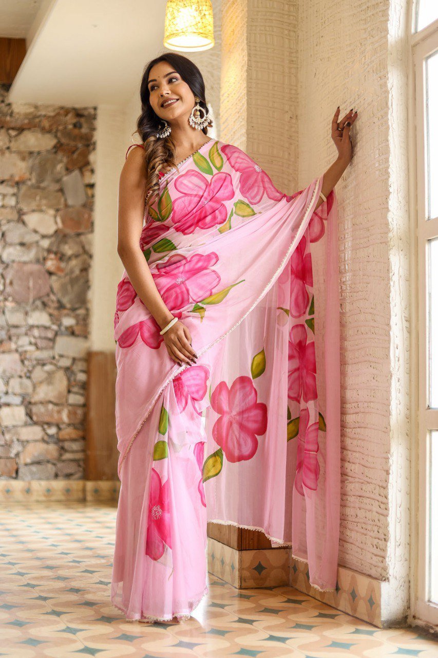 Blush Charm Pink Georgette Ready-to-Wear Saree