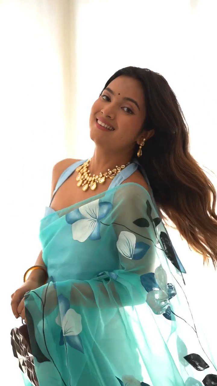Sky Blue Organza Silk Printed Ready-to-Wear Saree with Unstitched Blouse
