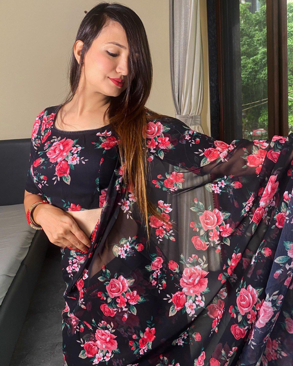 Elegant Black Georgette Printed Saree with Unstitched Silk Blouse