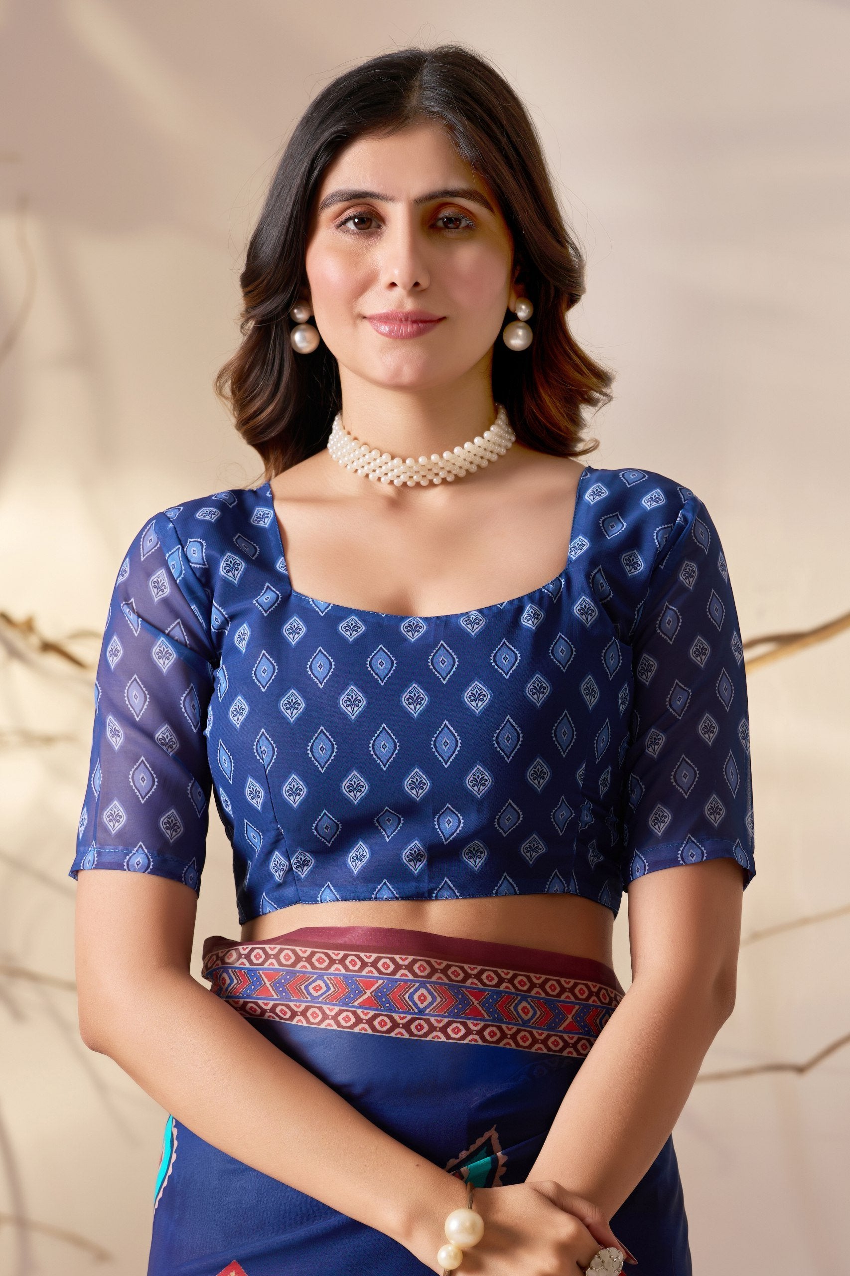 Royal Blue Geometric Elegance Soft Georgette Saree