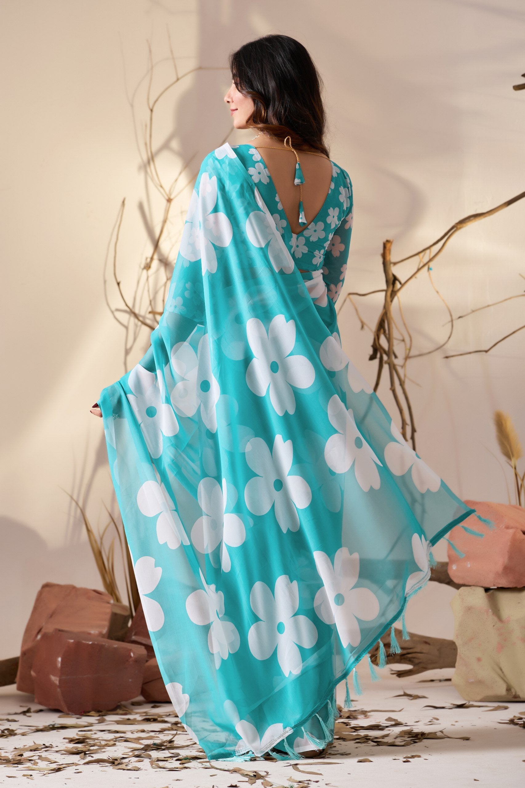 Aqua Bloom Soft Georgette Floral Saree