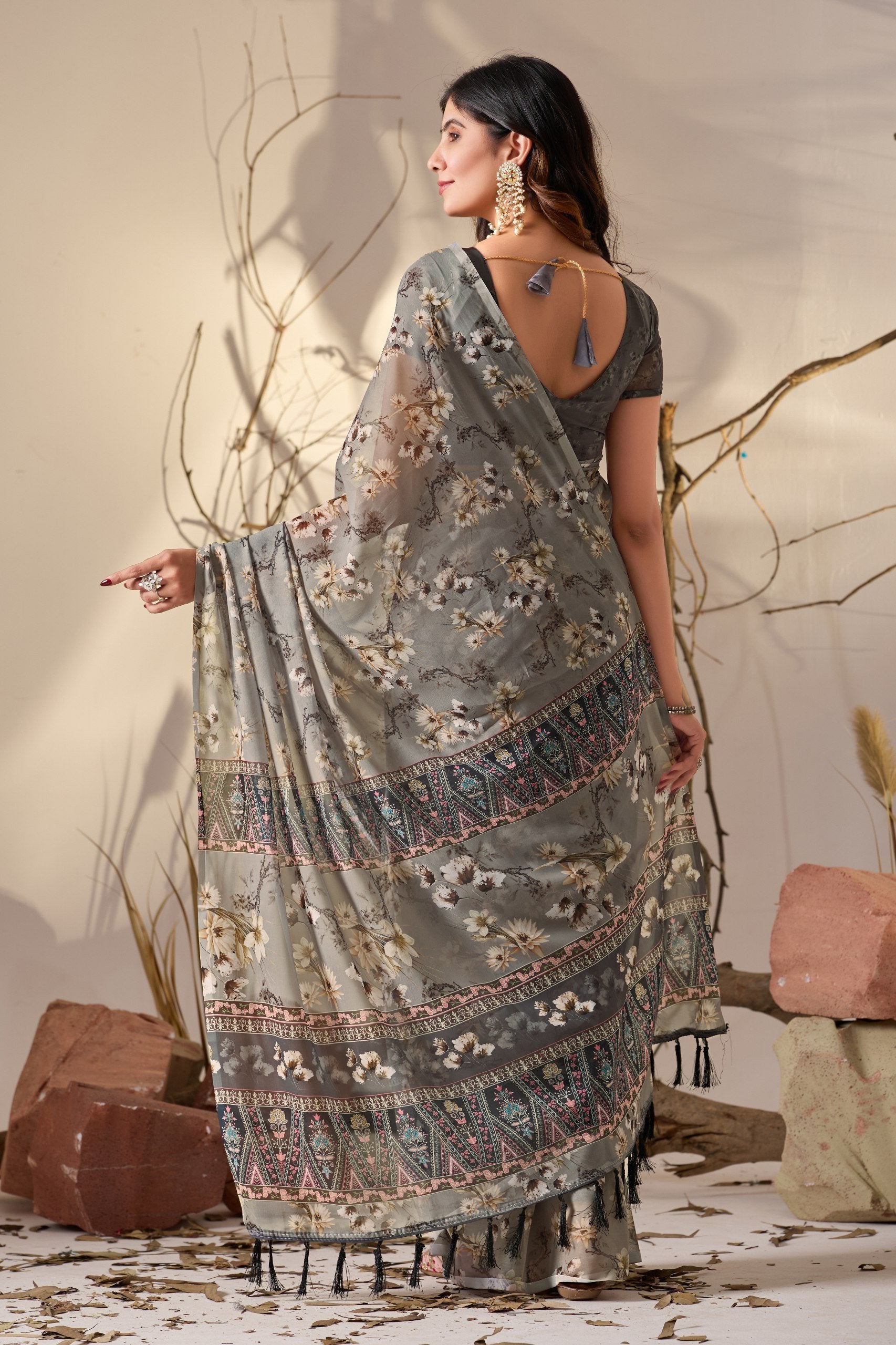 Misty Grey Tribal Bloom Soft Georgette Saree