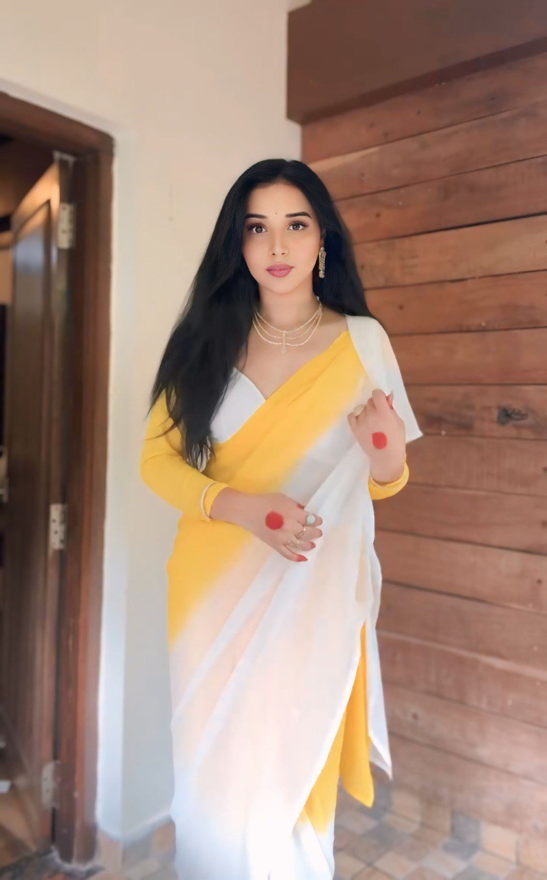 Sunshine Bloom Yellow–White Georgette Printed Saree