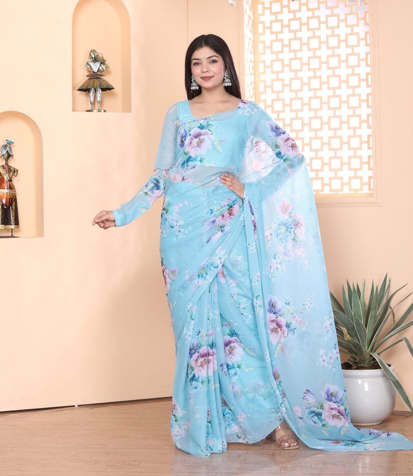 Sky Blue Serenity Georgette Printed Saree