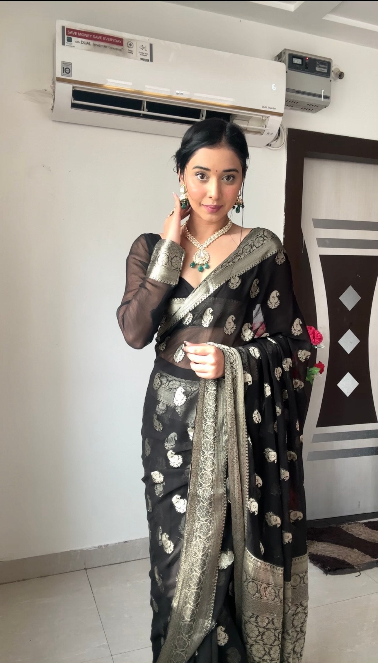 Black Cotton Weaving Ready-to-Wear Saree