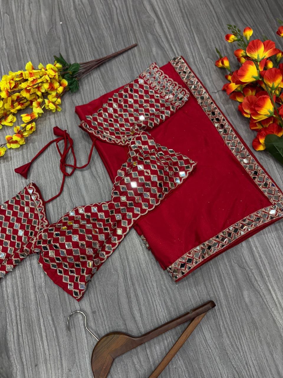Premium French Crape Silk Saree with Heavy Real Mirror Work & Designer Blouse
