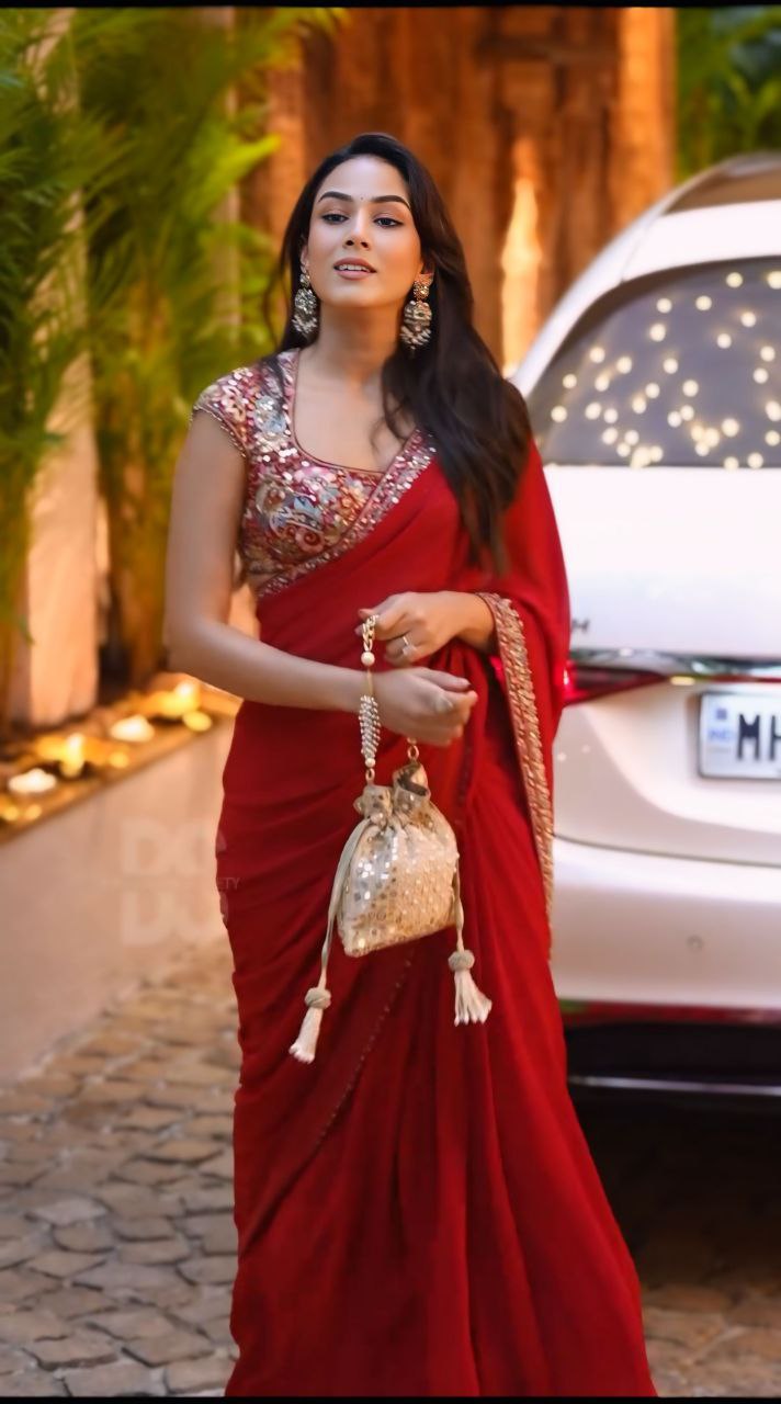 new red designer party-wear saree