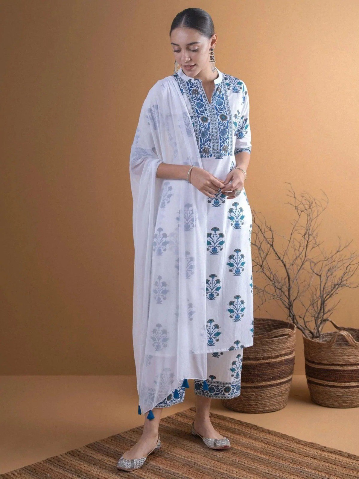 White Printed Kurti Set with Dupatta