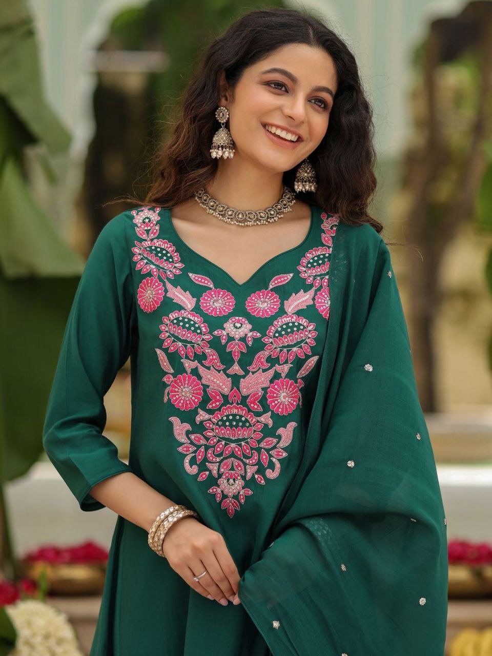Rayon Slub Embroidered Kurti Pant Set with Heavy Chanderi Dupatta