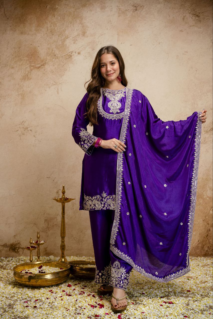 Viscose Chinon Silk Embroidered Kurti Pant Set with Viscose Silk Dupatta