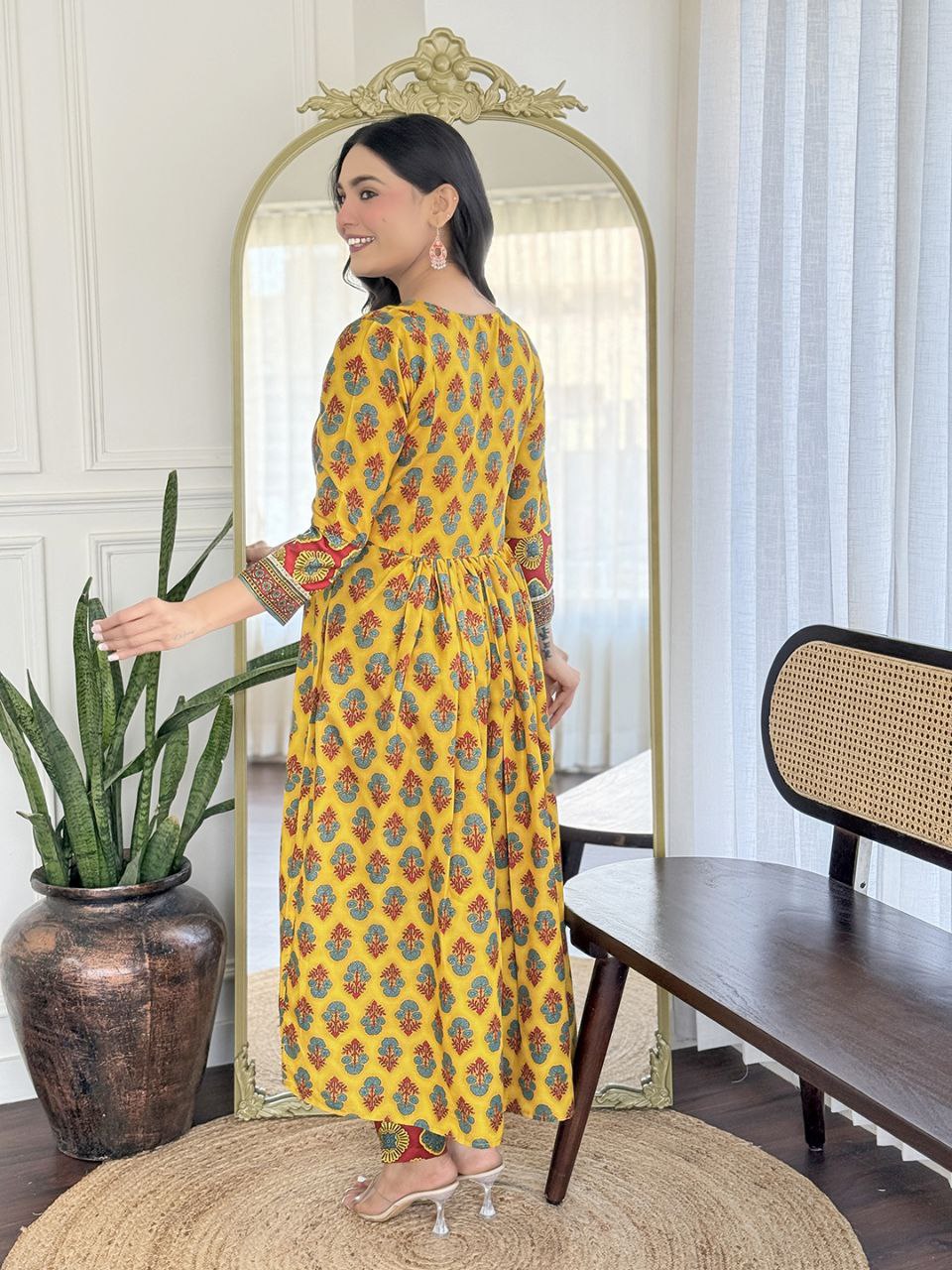 Heavy Rayon Embroidered Kurti Pant Set with Linen Slub Printed Dupatta