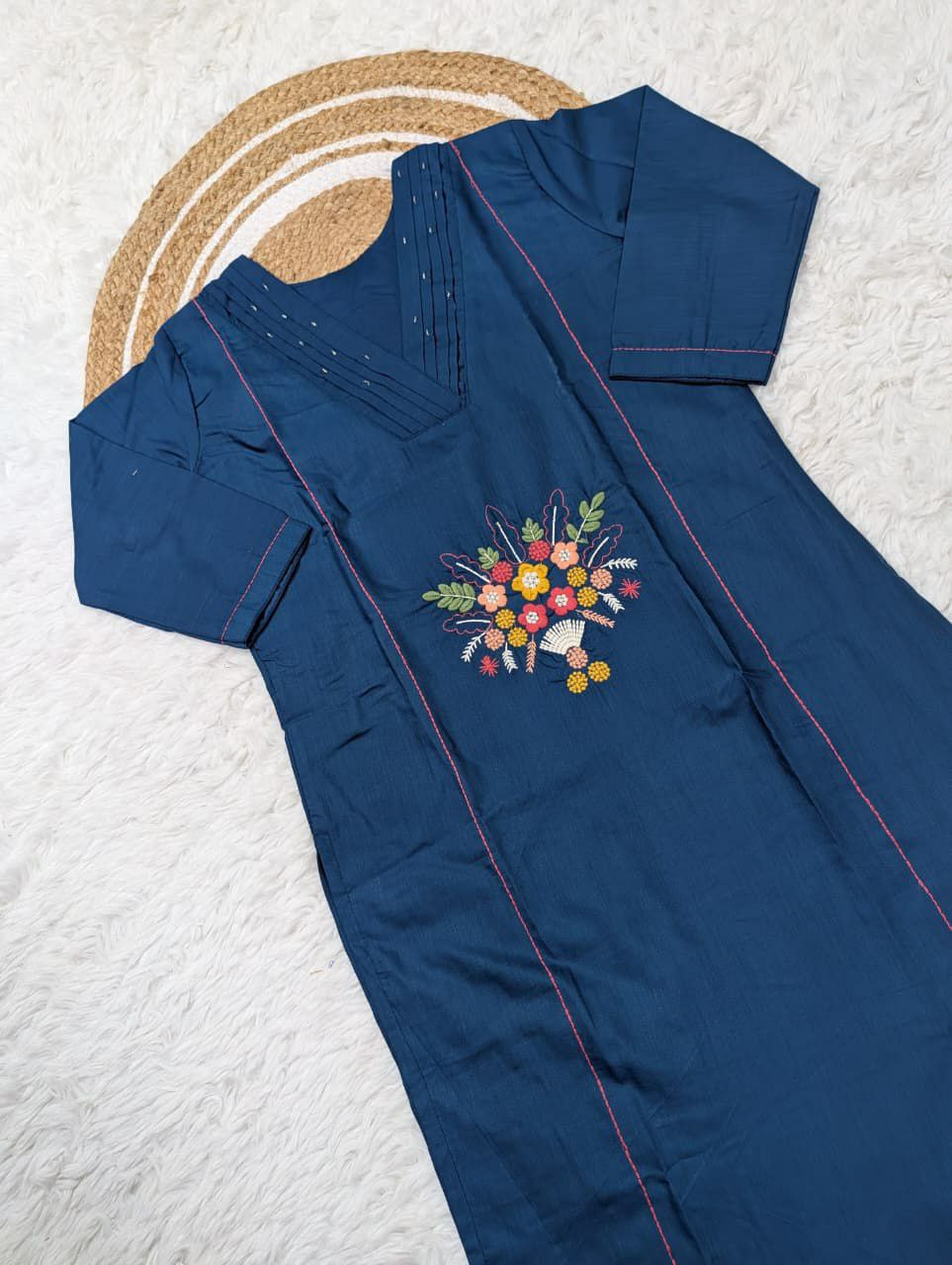 Rayon Slub Embroidered Kurti Pant Set with Chanderi Cotton Dupatta