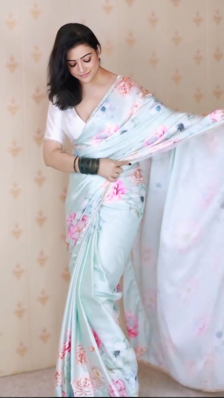 Elegant White Ready To Wear Satin Silk Printed Saree