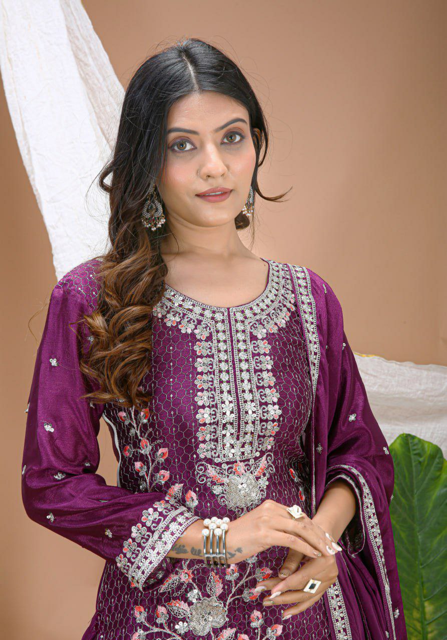 Chinon Embroidered Kurti Sharara Set with Dupatta