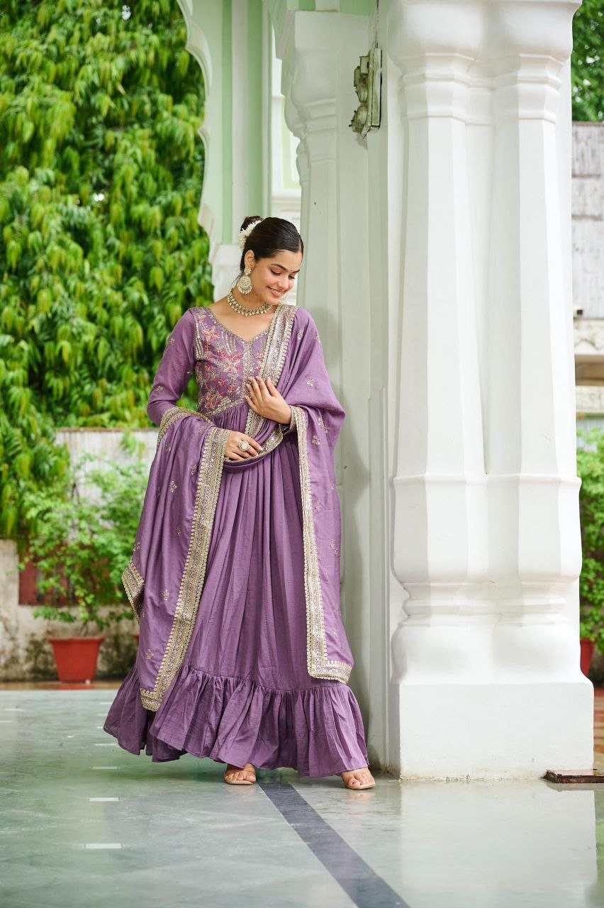 Designer Vichitra Silk Gown with Embroidered Dupatta