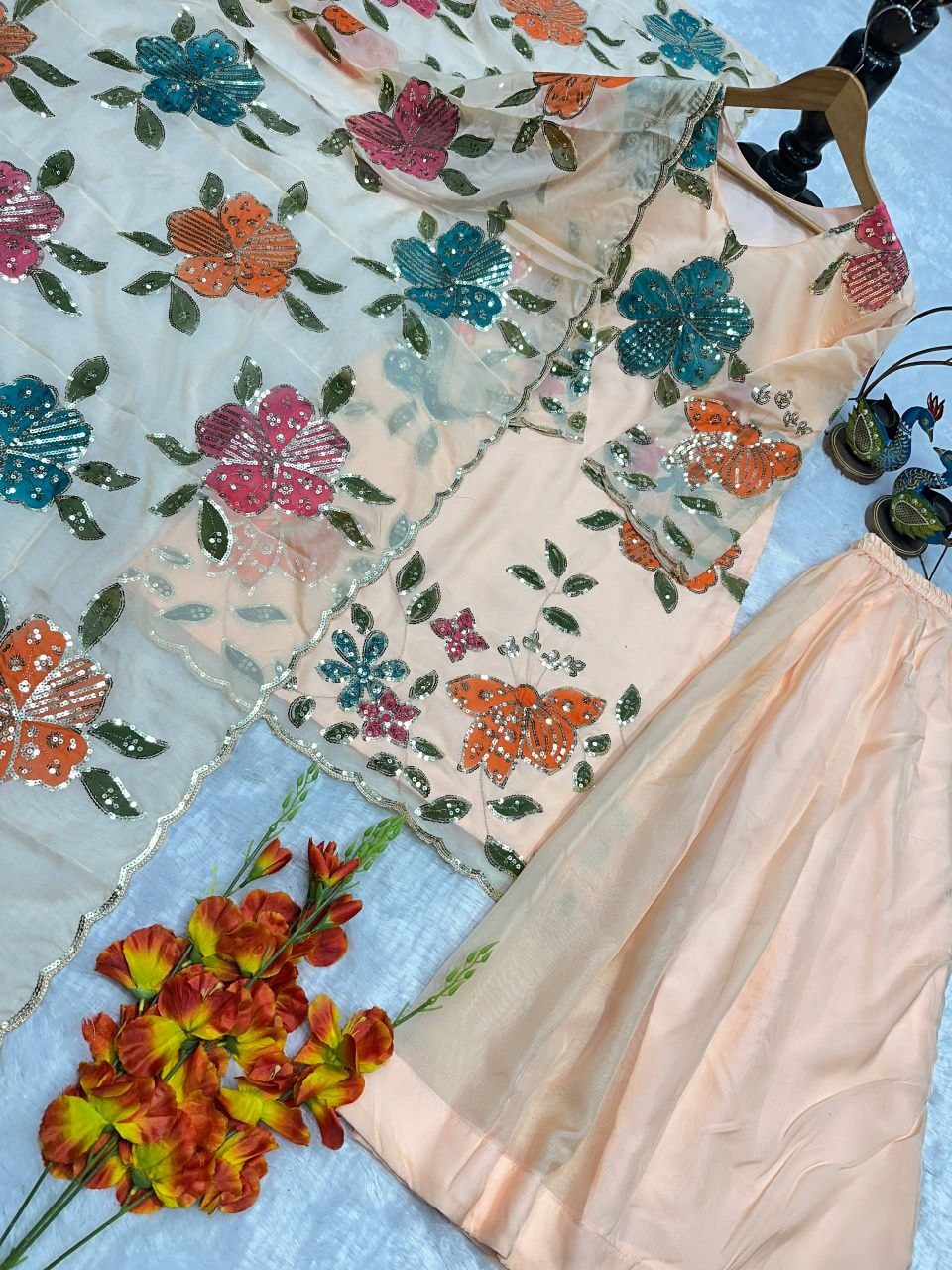 Designer Tabby Organza Kurta Set with Embroidery & Hand Print