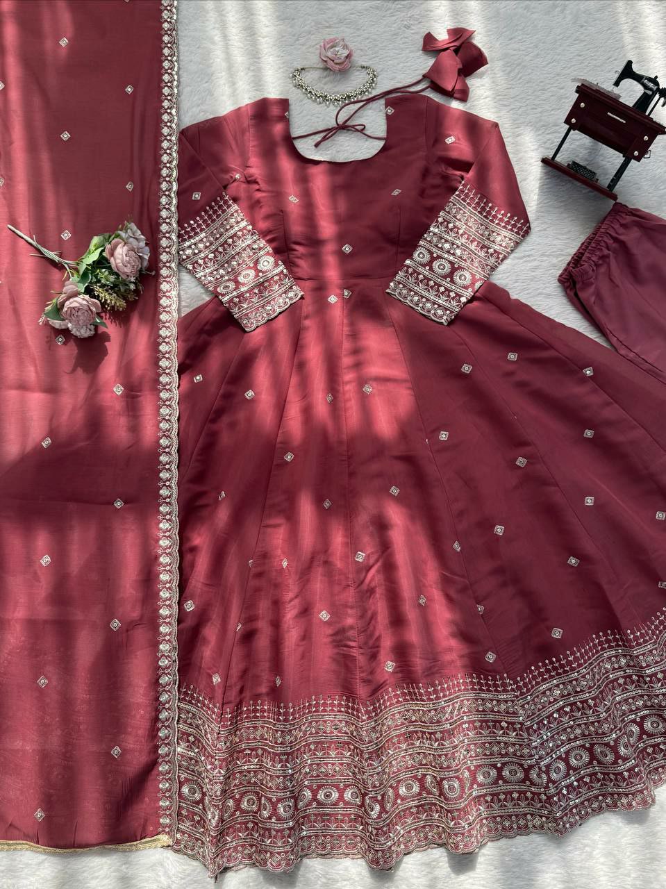 Designer Mul Chanderi Silk Gown Set with Pant & Dupatta