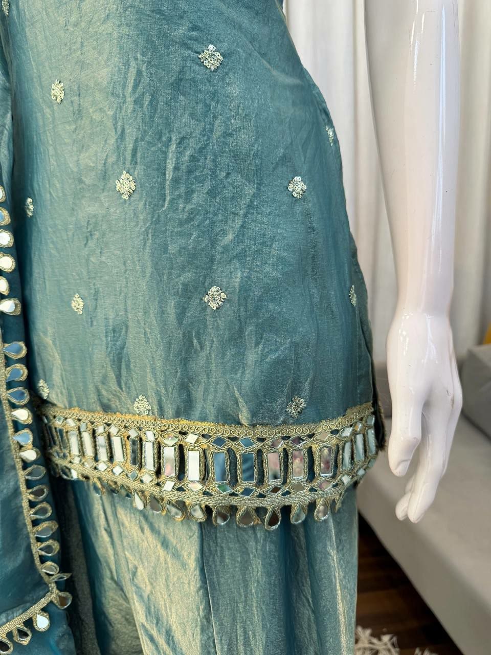 Designer Fendy Silk Mirror Work Kurti Plazo Set with Dupatta