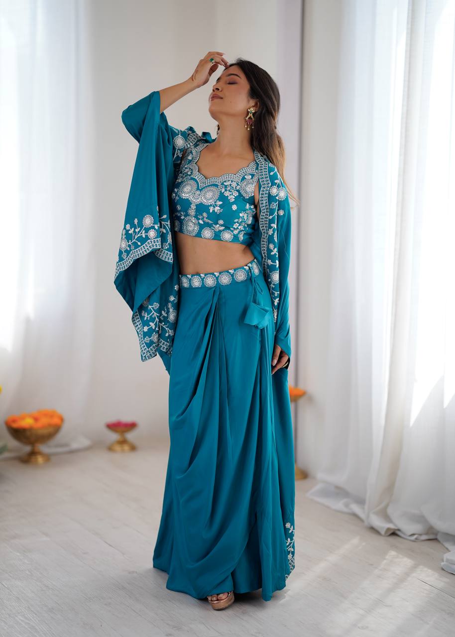 Premium Crepe Silk Dhoti Set with Shrug & Choli