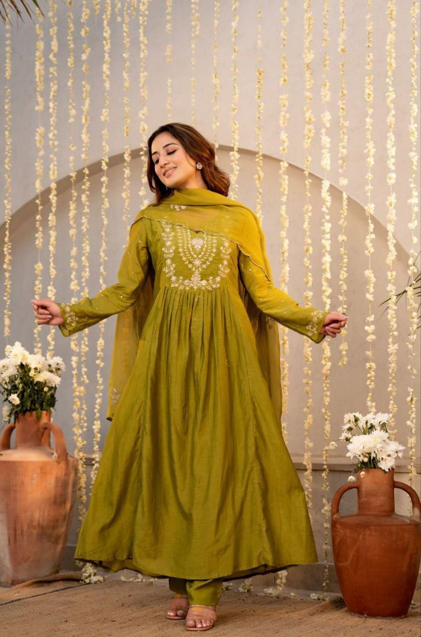 Pure Viscose Chanderi Silk Kurta Set with Embroidered Dupatta